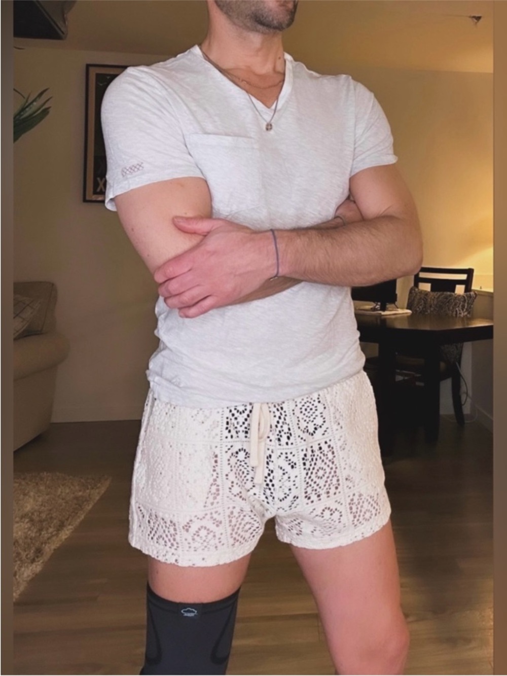 Andrew Christian | Sheer 4" Mykonos Beach Shorts in Ivory Lace (Medium) - Picture 2 of 16